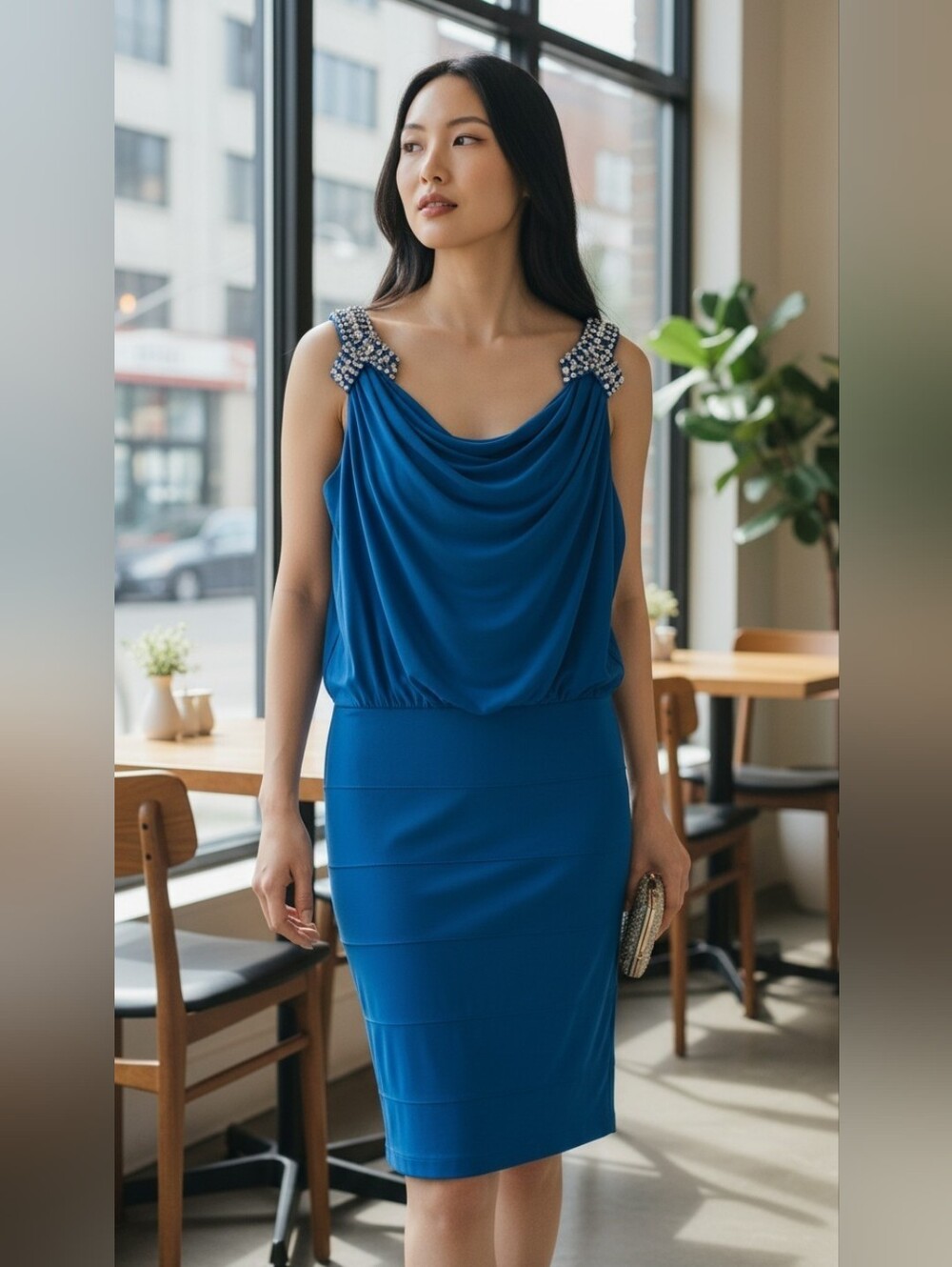 Jackie Jon Blue Cowl Neck Mini Dress Beaded Rhinestone Straps Cocktail Party